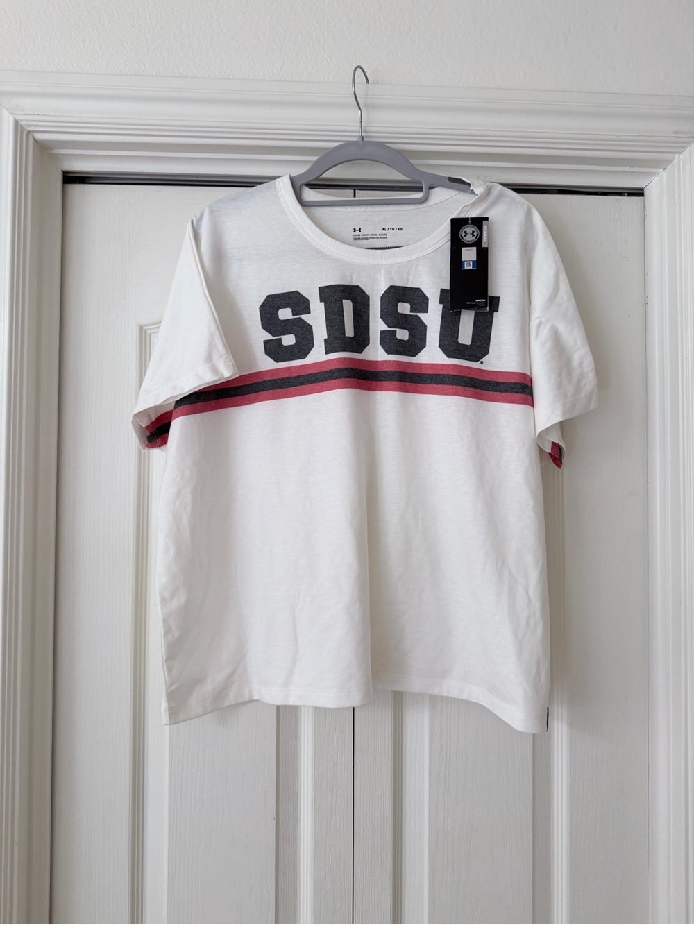 Under Armour White SDSU Stripe Tee with Red and Black Accents